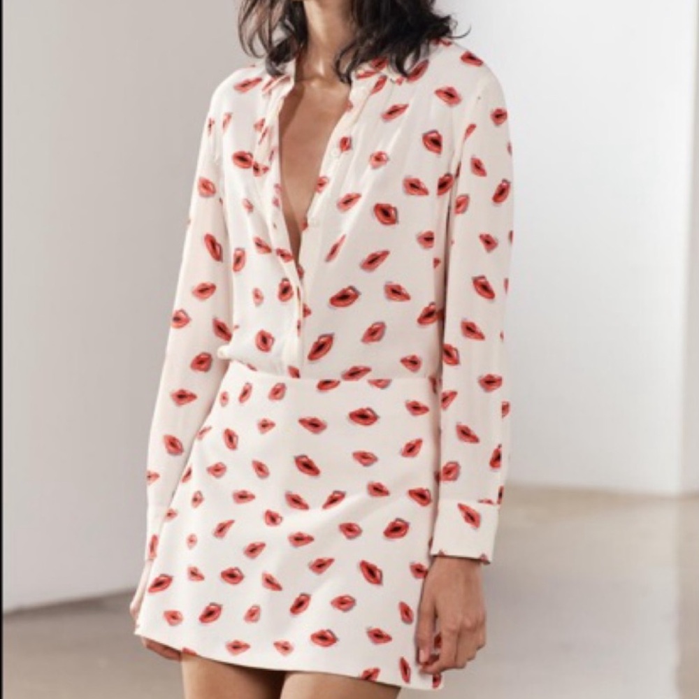 Zara Cream and Red Lip Print Skirt Set